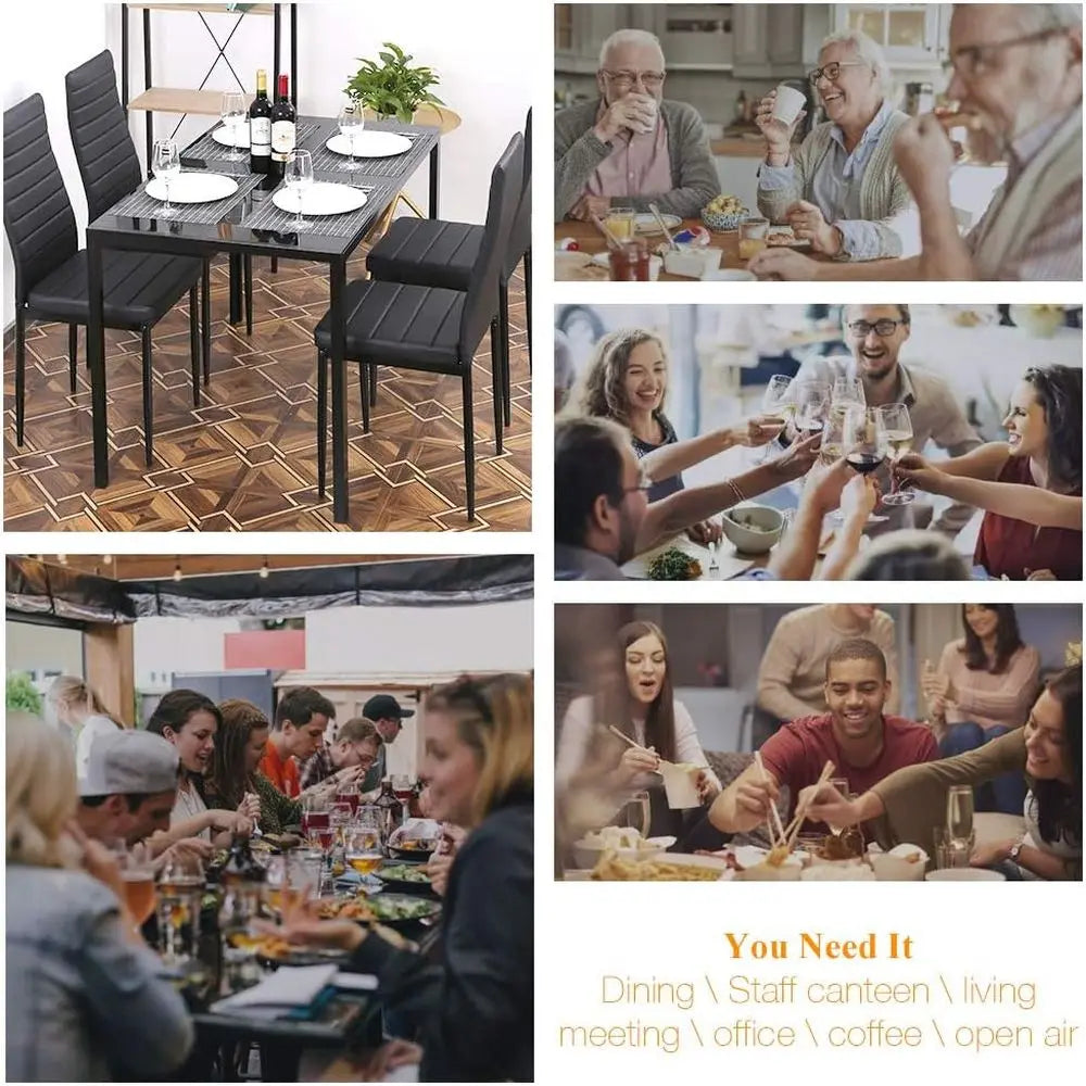 Dining Room Table Set 5-Piece Kitchen with 4 Faux Leather Metal Frame Chairs Rectangular Modern for Small Spaces w/Glass Tableto