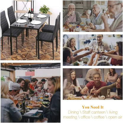 Dining Room Table Set 5-Piece Kitchen with 4 Faux Leather Metal Frame Chairs Rectangular Modern for Small Spaces w/Glass Tableto