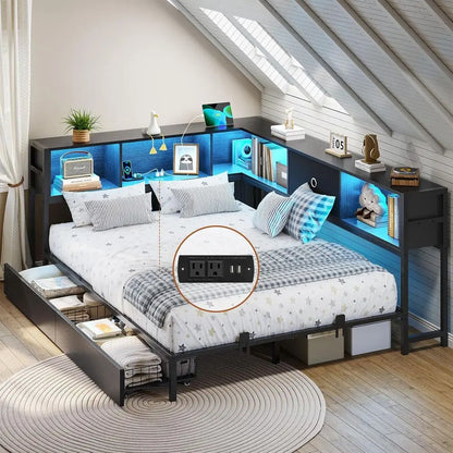 Full Size Metal Daybed Frame with Bookcase Storage, LED Lights, Drawers & Charging Station, No Box Spring Needed, Black