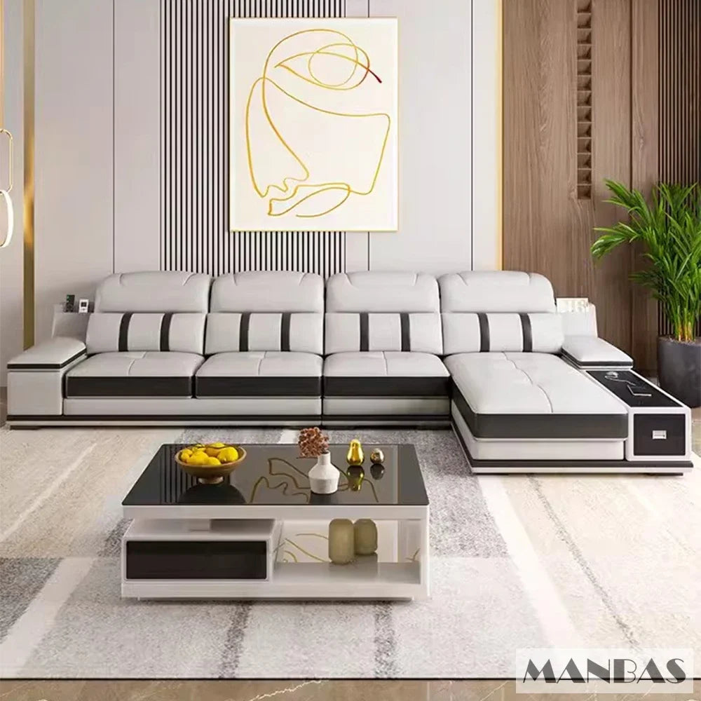 Modern Genuine Leather Sofa Living Room By MANBAS - Stylish Italian Couch with Bluetooth Speaker, USB & Adjustable Headrests