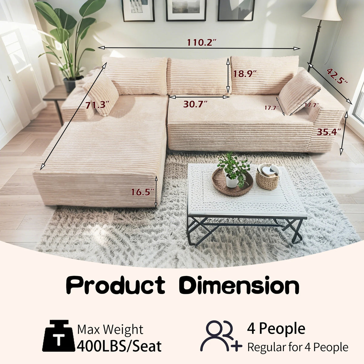 Sofa Relax in Comfort  Cloud-Like Corduroy Sectional Sofa with Chaise and Built-In Storage