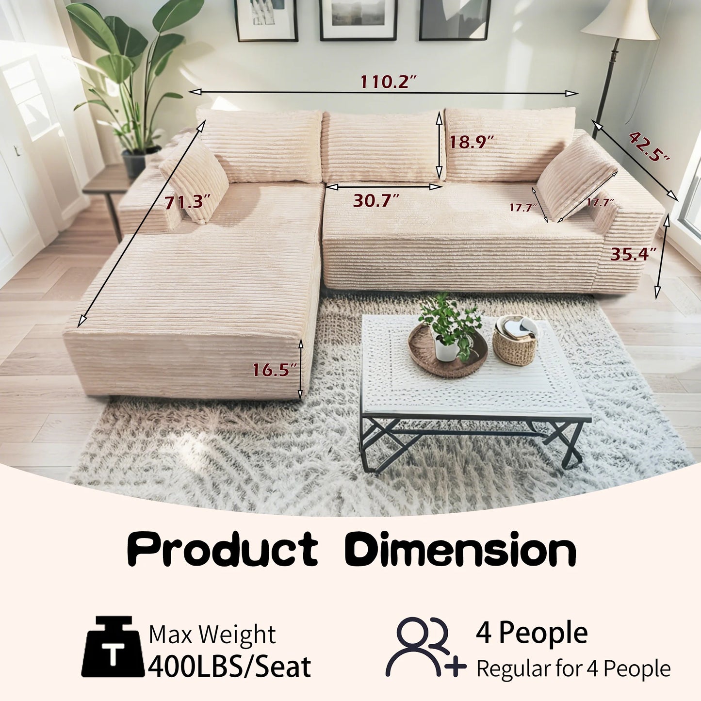 Sofa Relax in Comfort  Cloud-Like Corduroy Sectional Sofa with Chaise and Built-In Storage