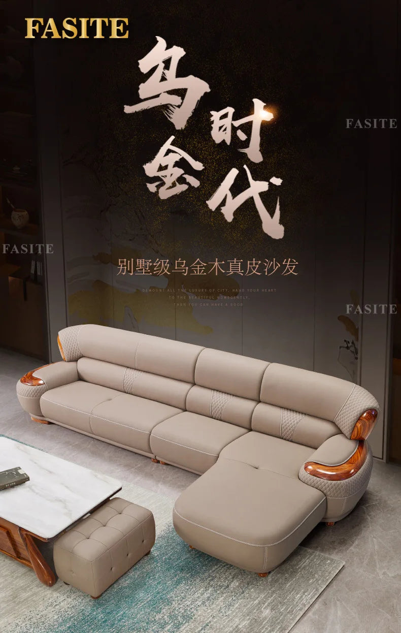 New Chinese Ebony Leather Sofa High-end Villa Large Flat Floor Living Room Leather Art Solid Wood Princess Corner 23 Combination