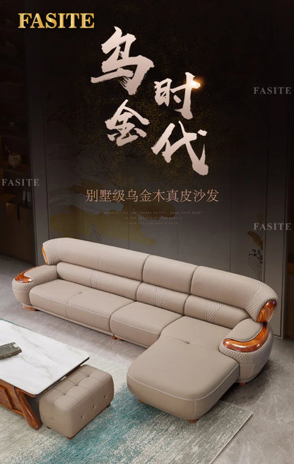 Modern new Chinese ebony leather sofa high-end villa solid wood first layer cowhide European living room luxury furniture