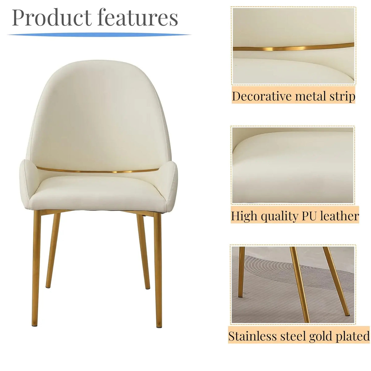 Dining Chairs Set of 2, Modern Cream White Faux Leather Chair with Gold Metal Legs and Ergonomic Curved Backrest, Customized