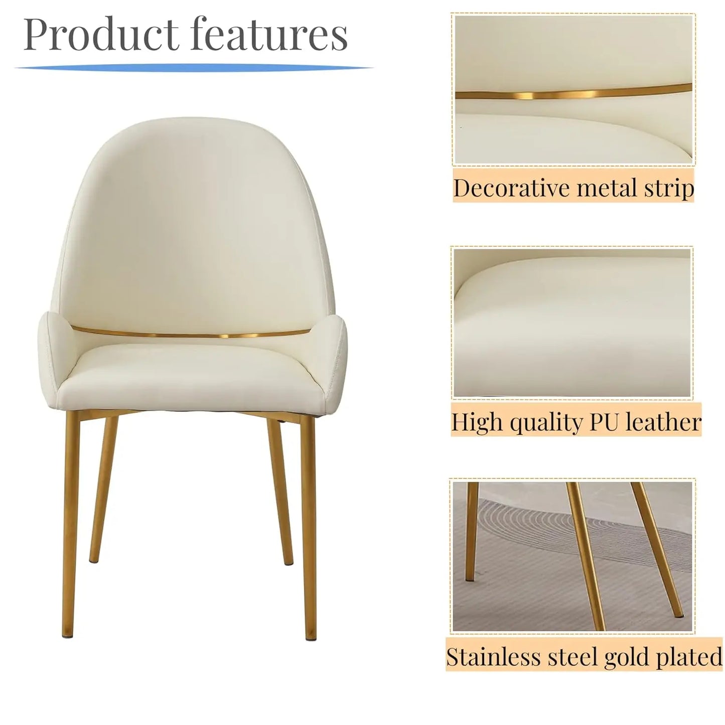 Dining Chairs Set of 2, Modern Cream White Faux Leather Chair with Gold Metal Legs and Ergonomic Curved Backrest, Customized