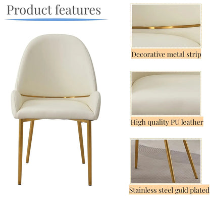 Dining Chairs Set of 2, Modern Cream White Faux Leather Chair with Gold Metal Legs and Ergonomic Curved Backrest, Customized