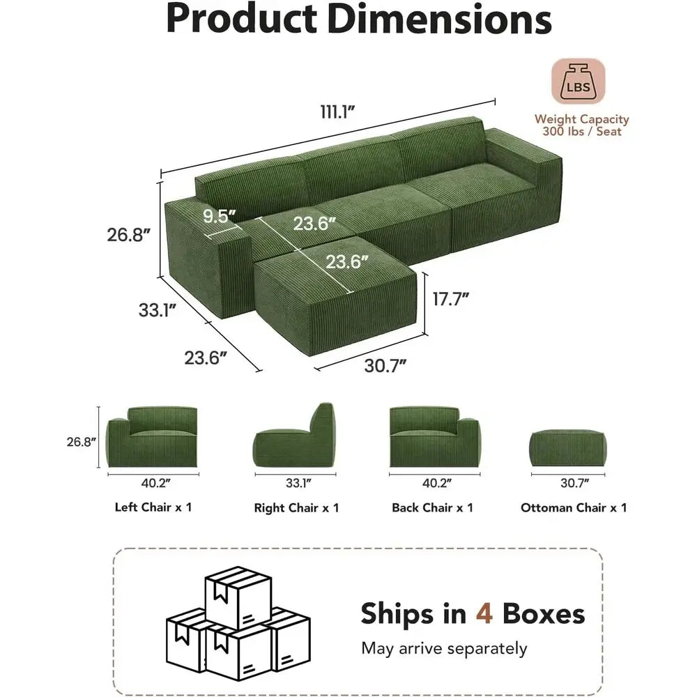 L-Shape Sectional Couch with Chaise & Ottoman, Deep Seat Sofa, Living Room/Bedroom, Ready to Use, Green Corduroy