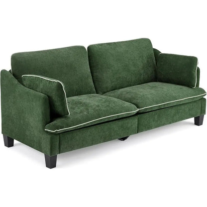 Extra Deep Seat 3-Seater Sofa with Piped Cushions and Throw Pillows, Linen Velvet Fabric for Living Room, Bedroom, or Office
