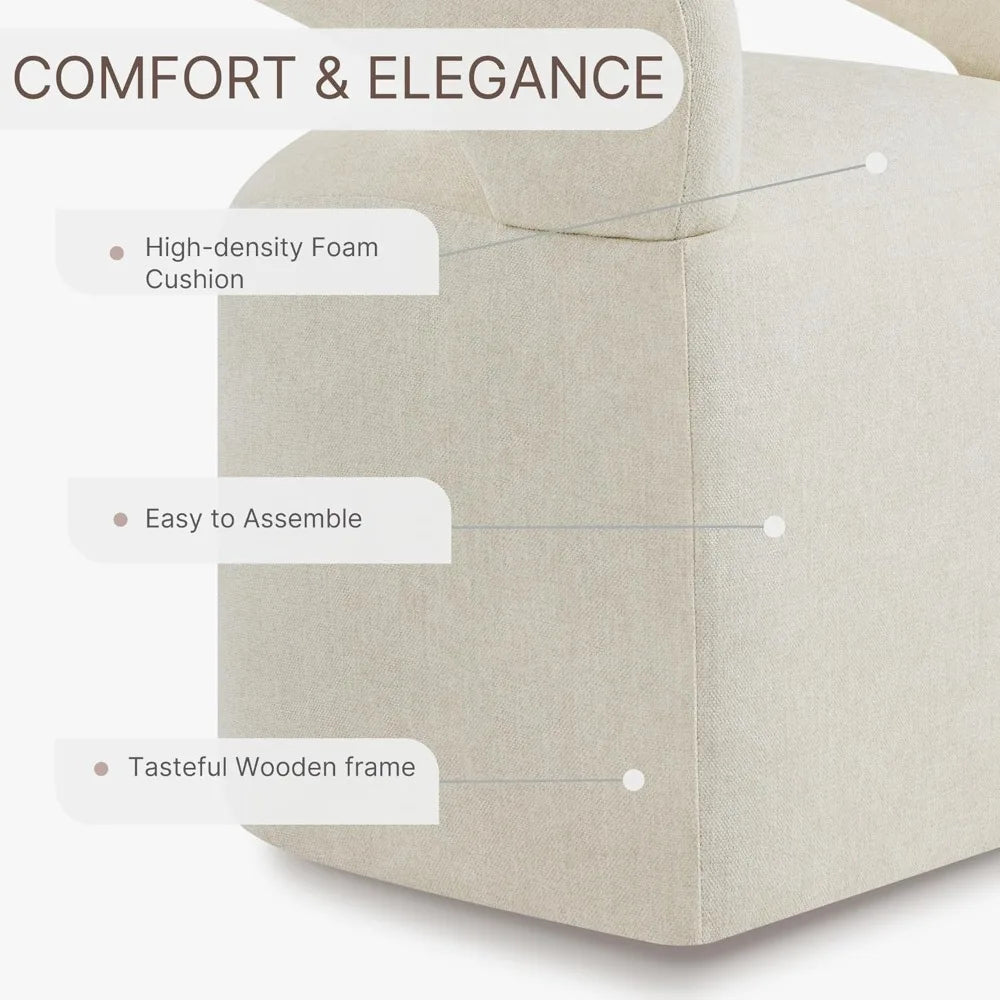 4-PCS Upholstered Dining Chairs with Casters, Cream Barrel Armchairs on Rollers for Multi-Room Use