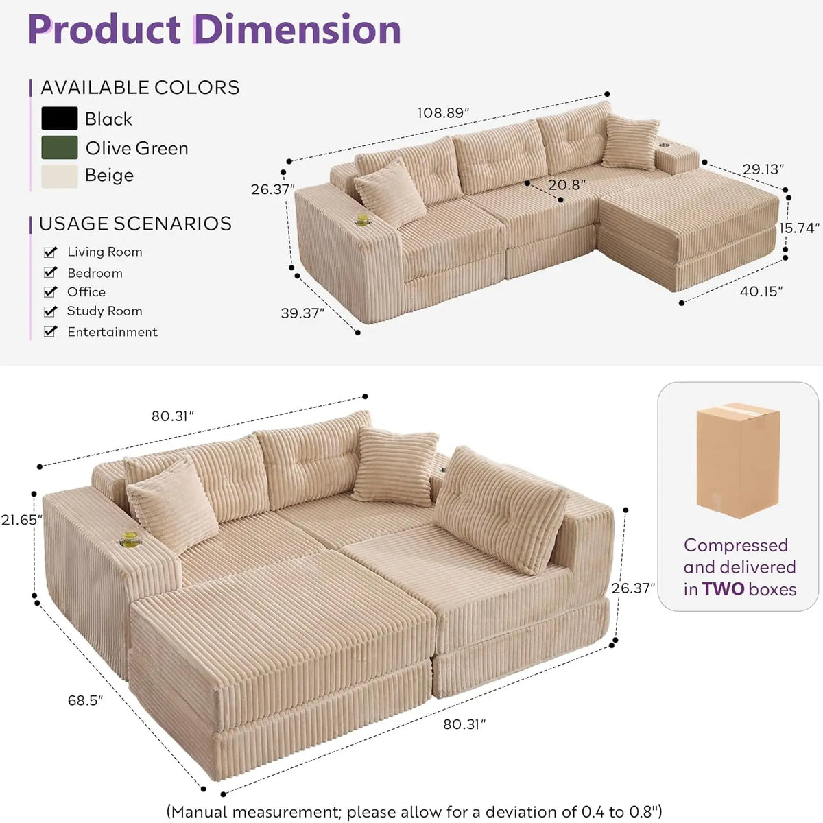 Modular Sectional Sofa Couch, Corduroy Cloud Boneless Foam Couch with Deep Seats & Cup Holder, Modern Comfy Sleeper, Customized