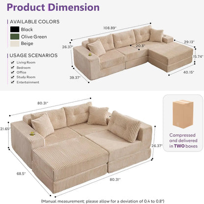 Modular Sectional Sofa Couch, Corduroy Cloud Boneless Foam Couch with Deep Seats & Cup Holder, Modern Comfy Sleeper, Customized