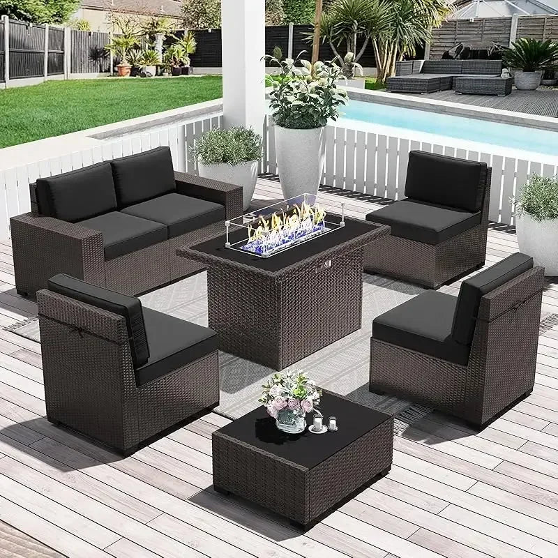 PatioLix 8 Piece Patio Furniture with 44"Propane Gas Fire Pit Table. Outdoor Sectional Conversation Set Wicker Rattan Sofa