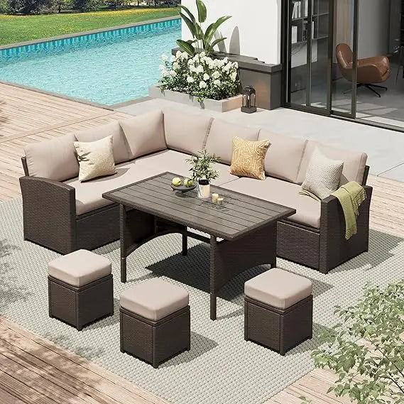 Patio Furniture Set, 7 Pieces Outdoor Patio Furniture with Dining Table&Chair, All Weather Wicker Conversation Set with Ottoman