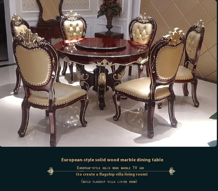 European Style Marble Dining Table Chair Set All Solid Wood Carved for 6-8 People for Restaurant Small Household Hotel