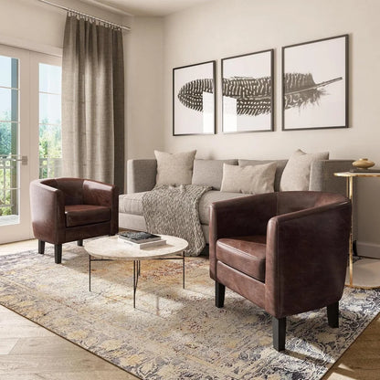 Living Room Chair, Faux Leather Round Accent Barrel Chair (Caramel)