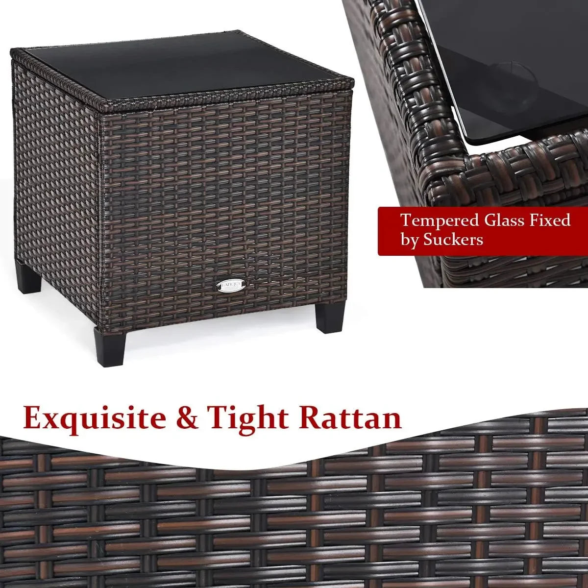 NEW-3 Pieces Patio Furniture Set, PE Rattan Wicker 3 Pcs Outdoor Sofa Set w/Washable Cushion and Tempered Glass Tabletop, (Red)