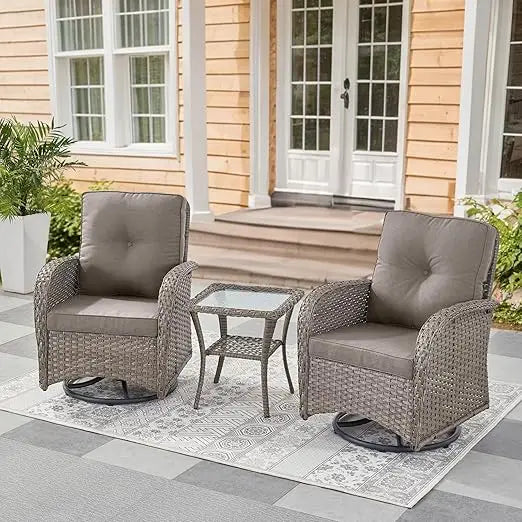 Patio Furniture Swivel Glider PE Wicker Chair, Outdoor Swivel Rocker Seating with Cushions for Porch Deck Balcony, Brown/Gray