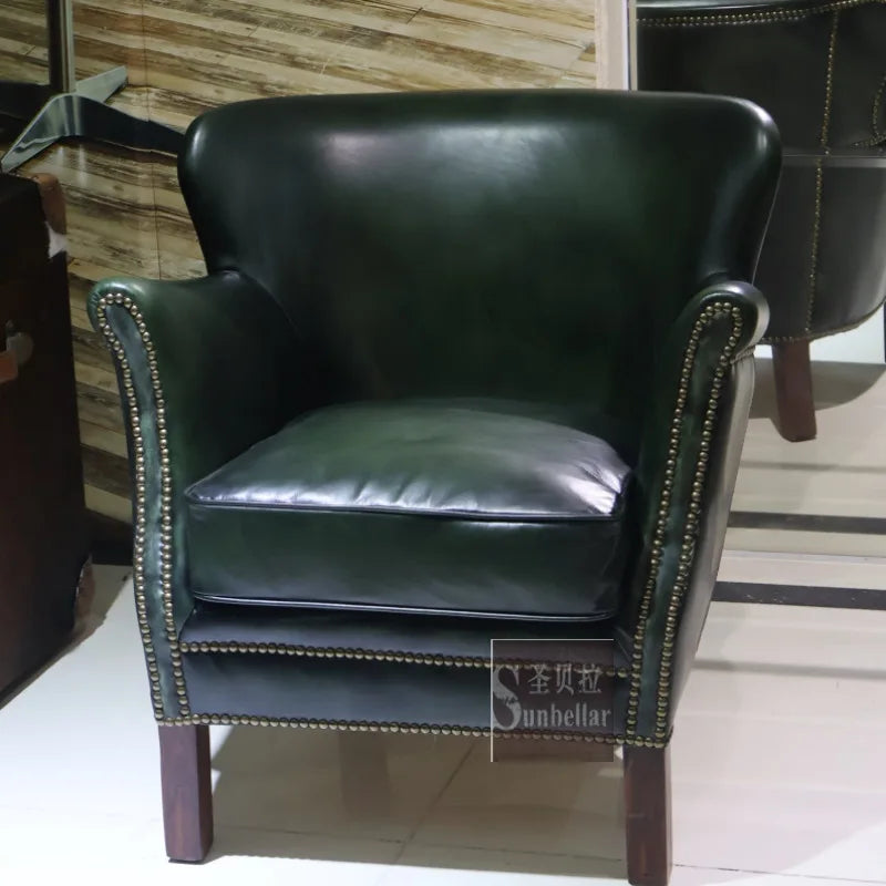 Antique green leather sofa chair top layer cowhide living room bedroom clubhouse club