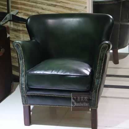Antique green leather sofa chair top layer cowhide living room bedroom clubhouse club