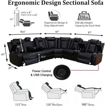 Breathing Leather Reclining Soa Set,Power Recliner Sectional Couch with LED Light,ern Living Room urniture Set,Reclining Section