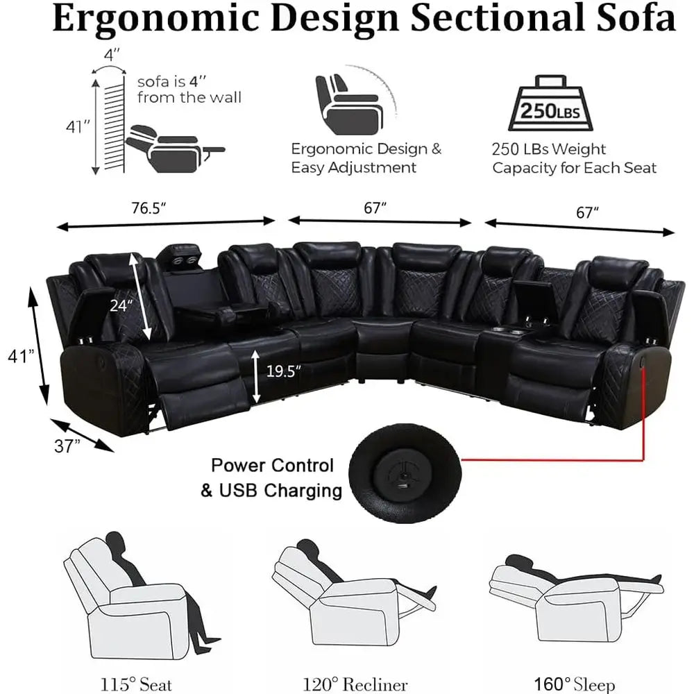 Breathing Leather Reclining Soa Set,Power Recliner Sectional Couch with LED Light,ern Living Room urniture Set,Reclining Section
