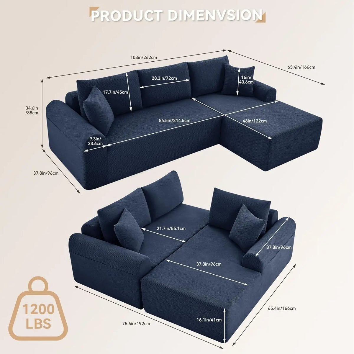 Modular Sectional Sofa With Chaise, Cloud Sectional Couch With Deep Seat, Modular L-Shape Sofa Corduroy Boneless Couch