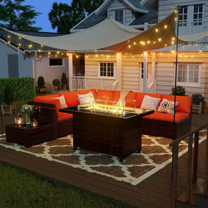 8 Pieces Outdoor Furniture Sectional Rattan Sofa with Fire Pit Table, Patio Couch with Glass Coffee Table for Backyard Garden