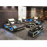 Modern LED Lighted Sofa Set with Recliner, Adjustable Headrest & Console | Luxury Leather Sectional Couch | Futuristic Furniture