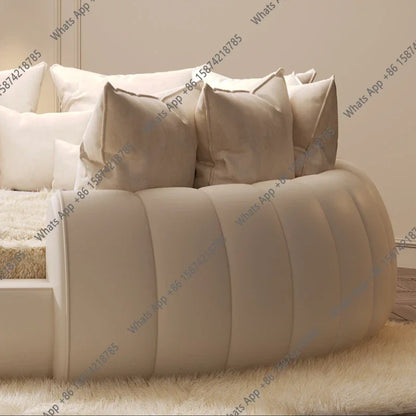 X 2.2×2m Master Bedroom Big Round Bed Modern Hotel Guest House Cream Wind Luxury White Leather Full Bed Frame Lazy Cloud Section