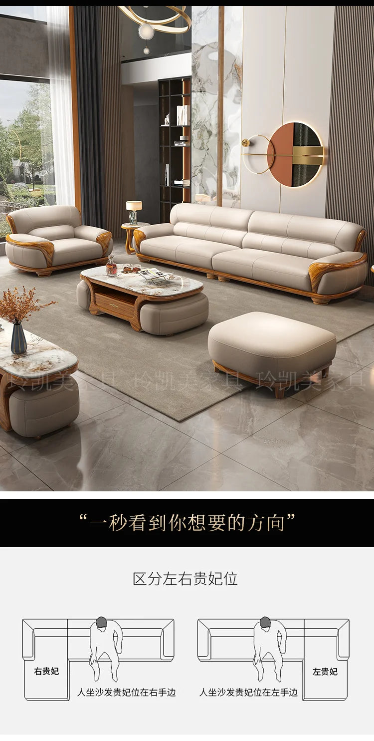 New Chinese ebony leather sofa living room combination size apartment first layer cowhide straight row sofa