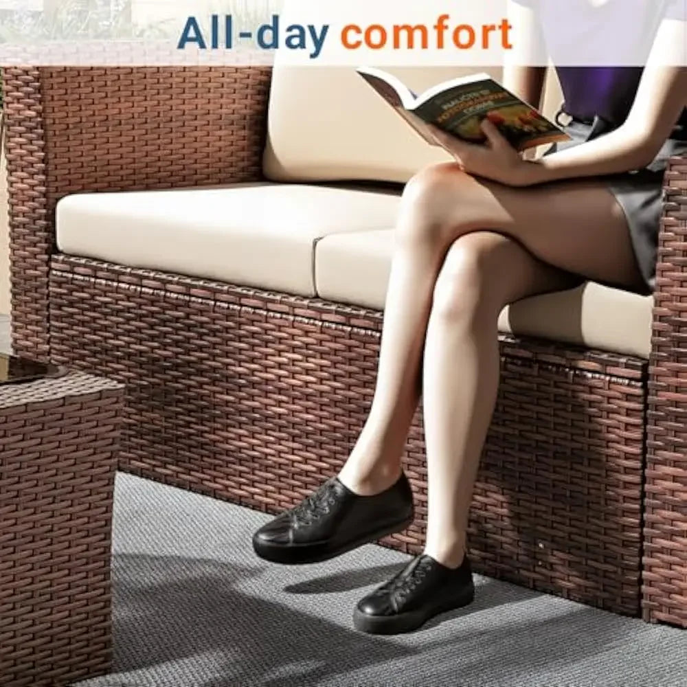 4 Piece Patio Furniture Set, Wicker Outdoor Patios Conversation Furniture Set, Outdoor Patio Sofa with Cushion and Glass Table