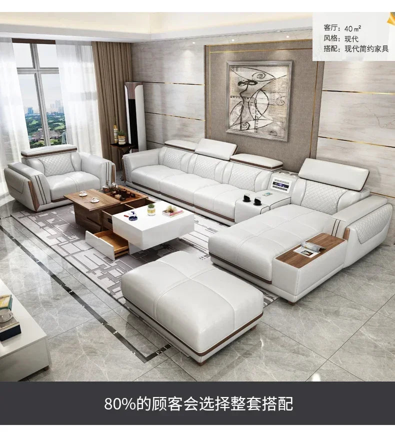 Italian leather sofa set, living room furniture, leather sofa with air purifier and Bluetooth speaker, Modernos Para Sala large