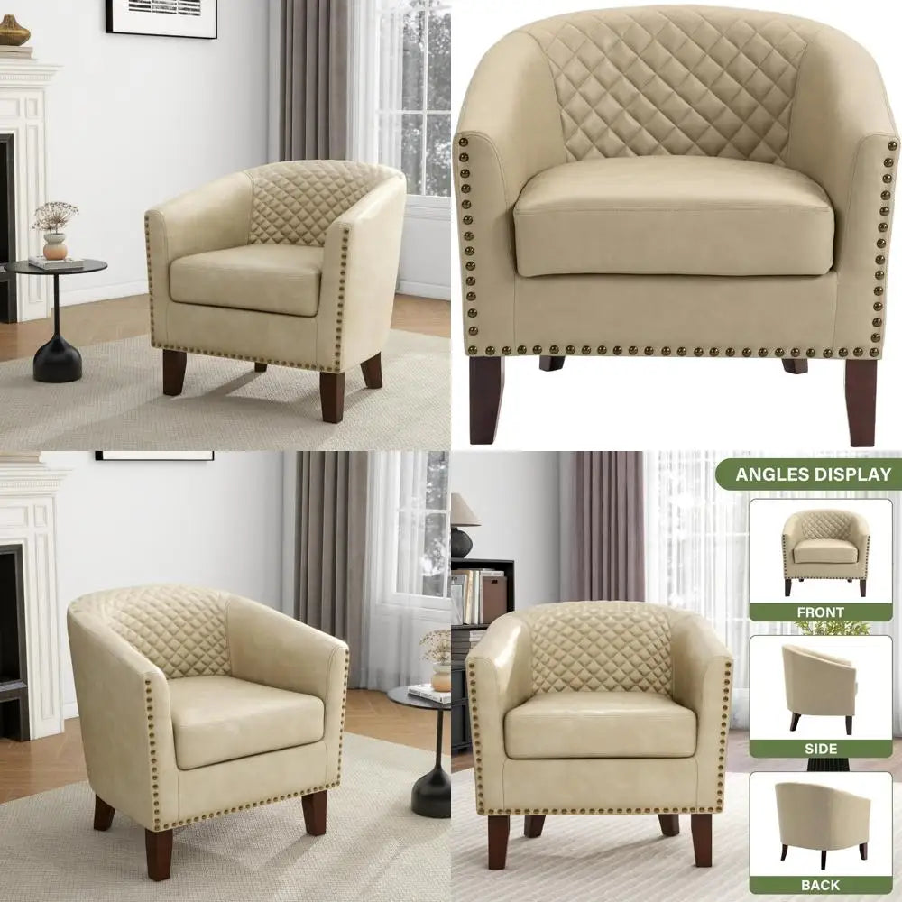 Modern Comfortable Round Arm Accent Chair for Living Room, Faux Leather Upholstered Club Chair, Bedroom Reading Chair