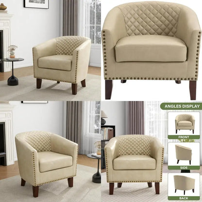 Modern Comfortable Round Arm Accent Chair for Living Room, Faux Leather Upholstered Club Chair, Bedroom Reading Chair