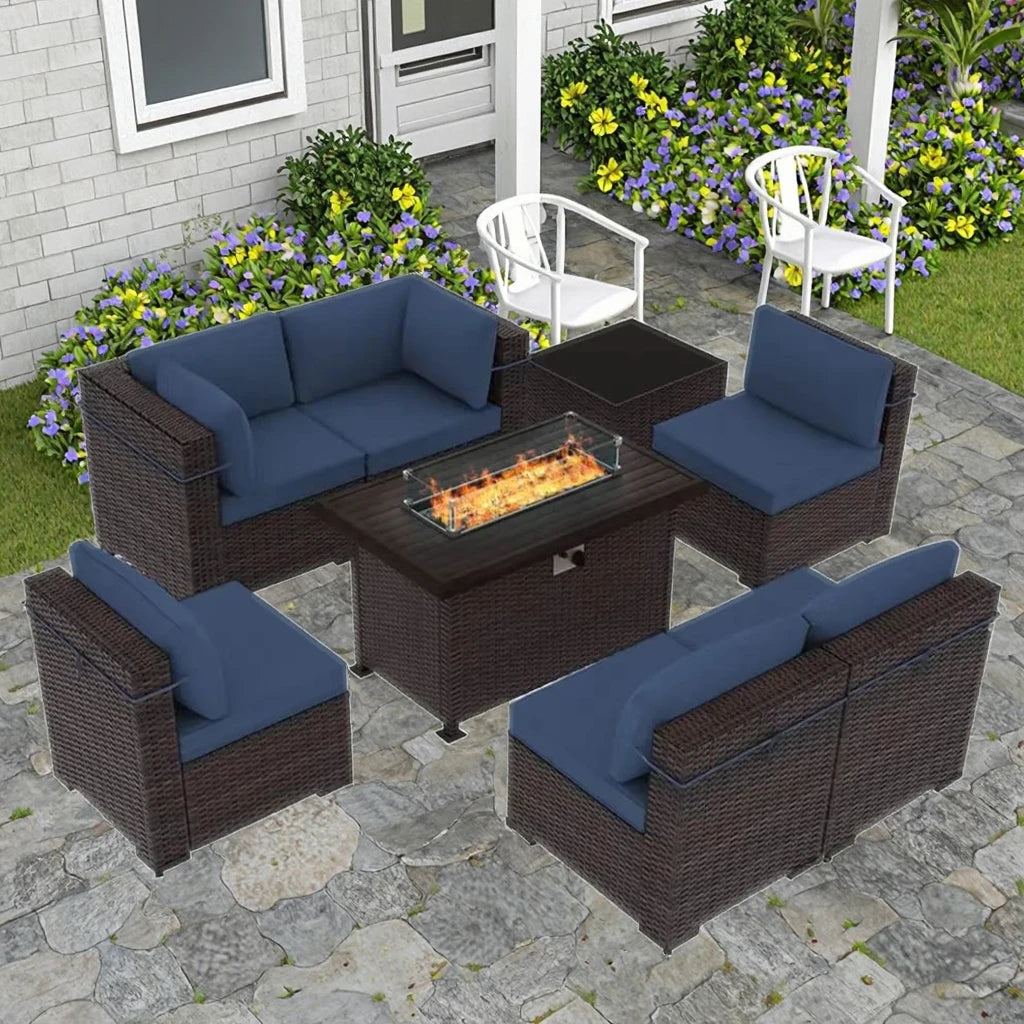 Wholesale 7 PCS Patio Rattan Dining Sofa Set Steel Wicker Cornerl Sofa with Ottoman Garden Sofa