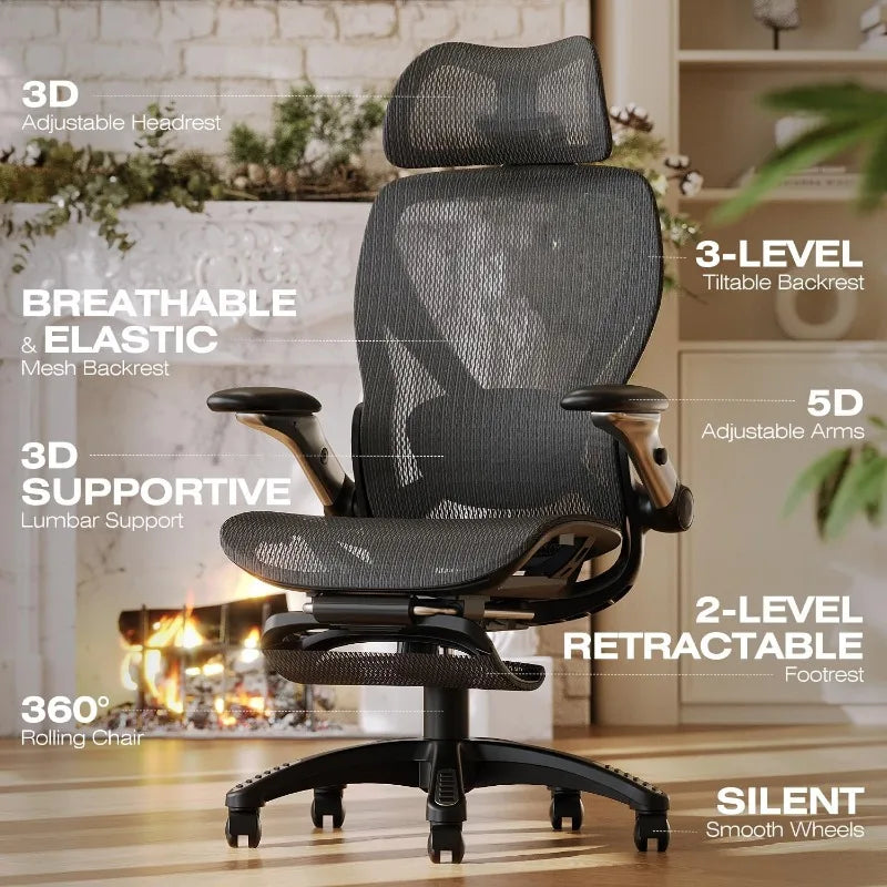 X100 Ergonomic Mesh Office Chair with Footrest Adjustable 5D Arms 3D Lumbar Support Gaming Executive Computer Chair for Long