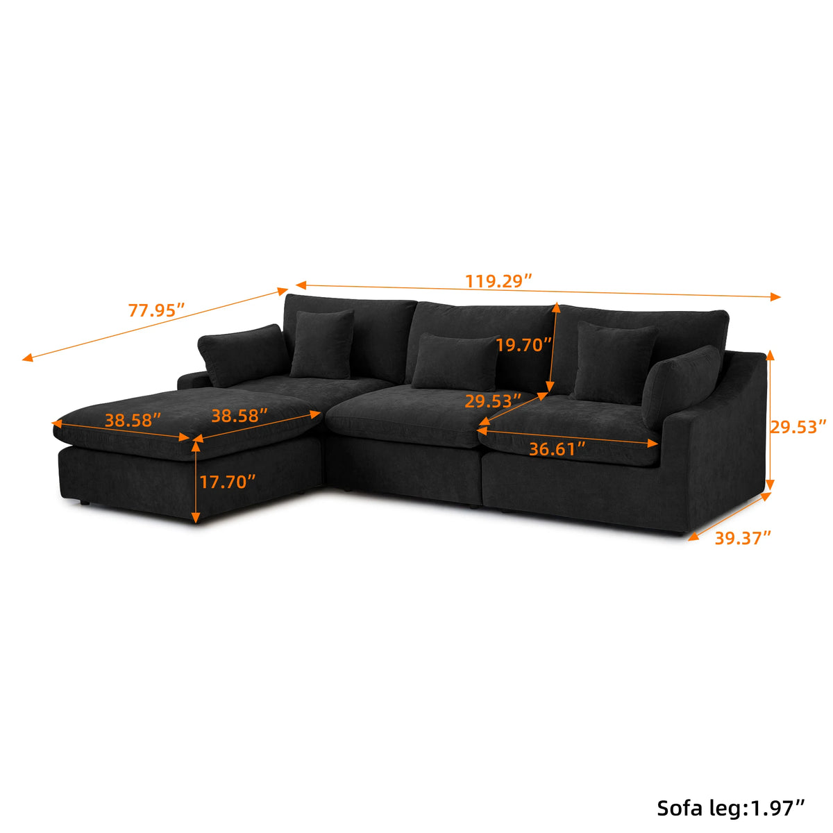 Sdorens 120'' Sectional Sofas for Living Room Modern Cloud Couch Down Filled L-Shaped 3Seater Couch with Ottoman