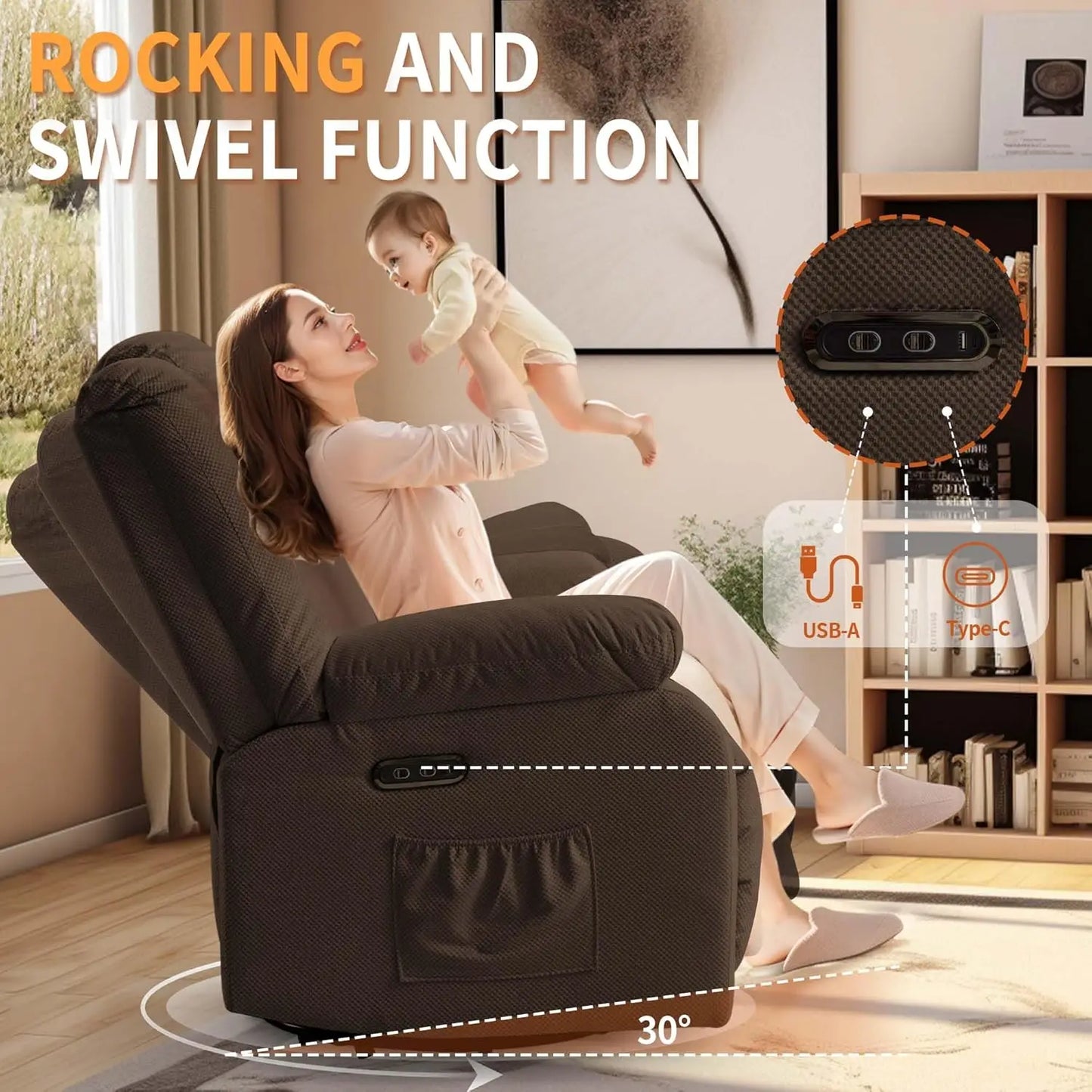 Electric Recliner Chair with Massage & Heating, Swivel Rocking Recliner for Living Room, Oversized Comfort with Side Pockets