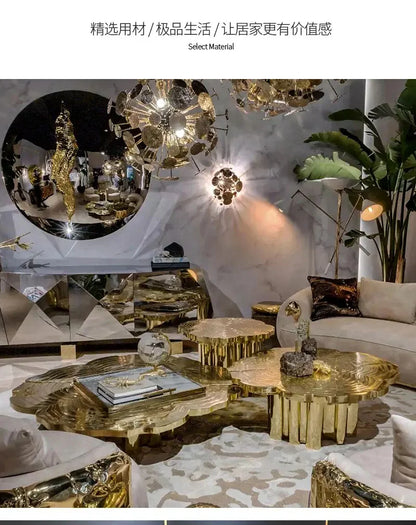 Italian light luxury round coffee table high-end villa living room stainless steel heterosexual etching