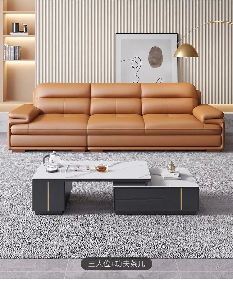 Nordic Italian light luxury leather sofa with a top layer of cowhide, modern and minimalist living room size,  art sofa