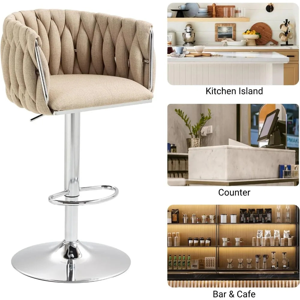 Swivel Kitchen Bar Stools Set of 2 Woven Counter Height Stools Adjustable Height 25"-31" Dining Room Chairs with Footrest
