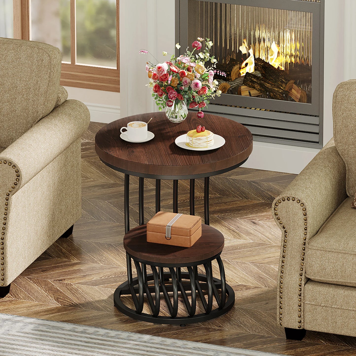 Tribesigns Gold Round End Table: 2 Tiers Faux Marble Side Table with Storage Shelf, Modern White Gold Bedside Nightstand