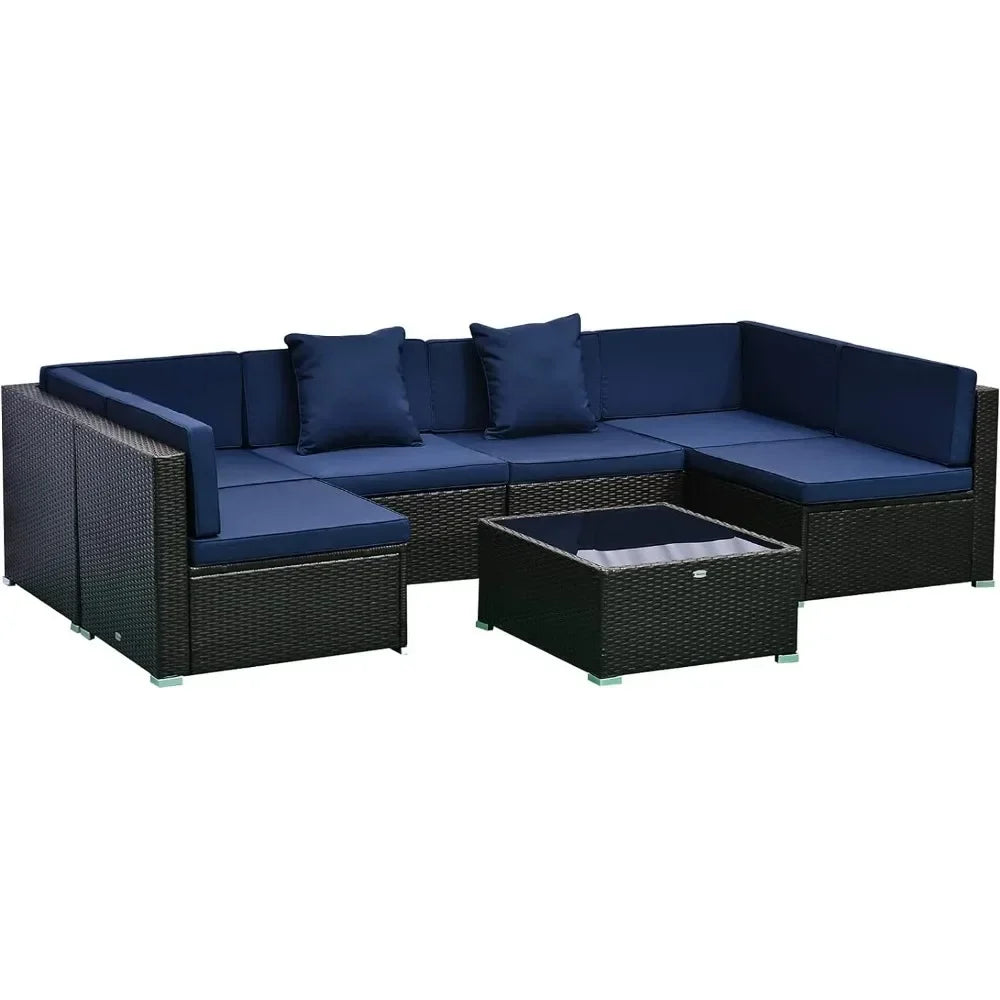 # l 7-piece outdoor furniture set, wicker dialogue set, all-weather rattan combination set, with cushion and tempered glass tabl