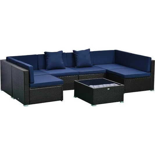 # l 7-piece outdoor furniture set, wicker dialogue set, all-weather rattan combination set, with cushion and tempered glass tabl