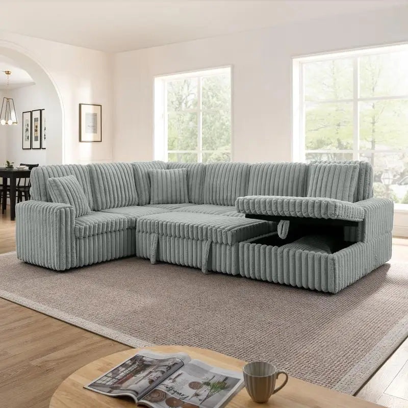 Grey Corduroy Striped Upholstered Sofa, Modern Minimalist U-shaped Sectional Sofa with Pull-out Bed & Storage Chaise, Soft and