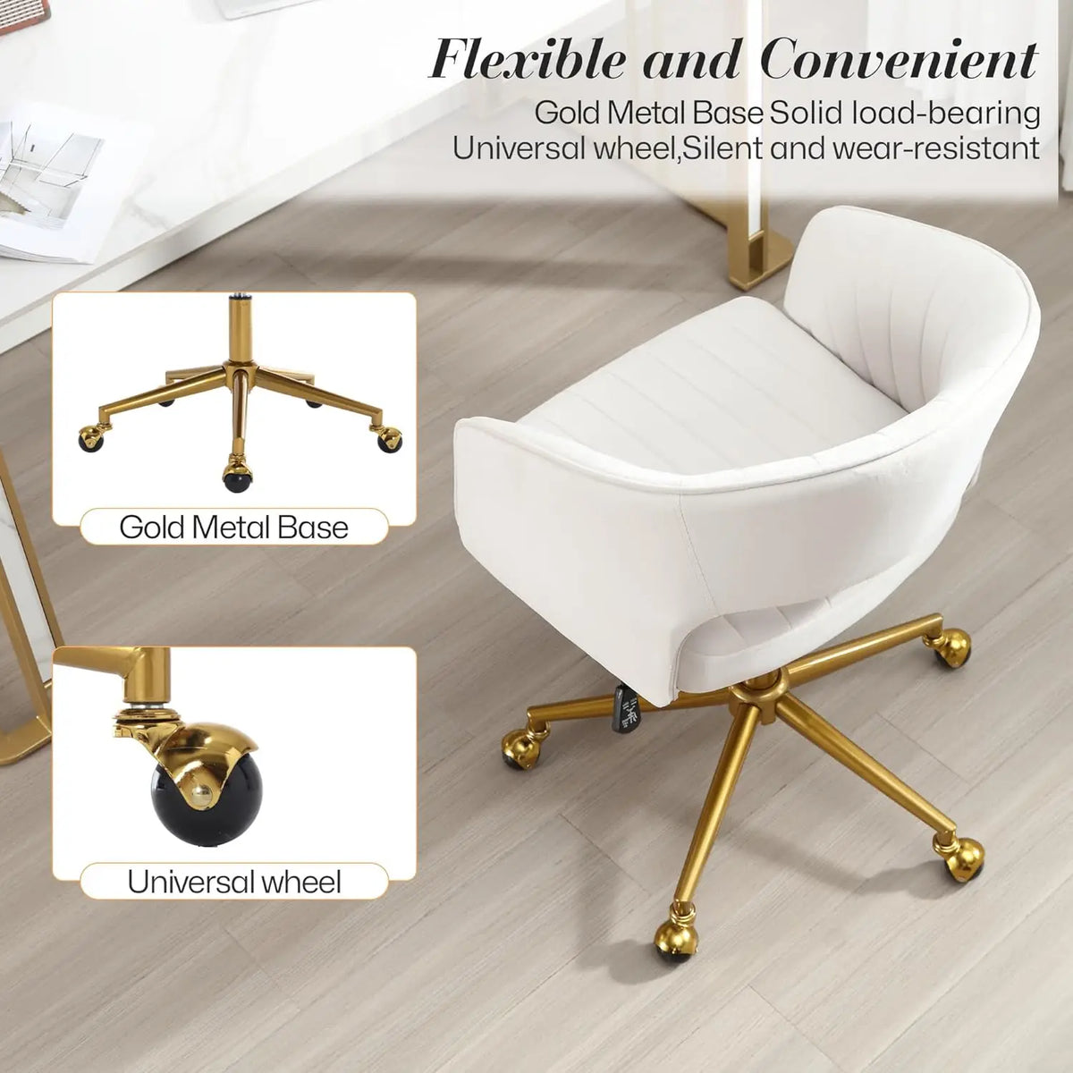 Modern Velvet Swivel Desk Chair, Height Adjustable Armchair with Gold Base, Ergonomic Office Chair for Home Office, Cream