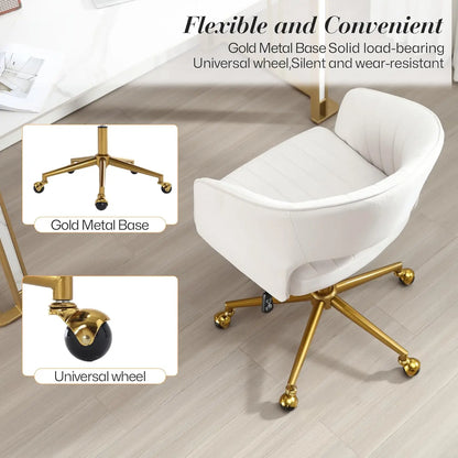 Modern Velvet Swivel Desk Chair, Height Adjustable Armchair with Gold Base, Ergonomic Office Chair for Home Office, Cream