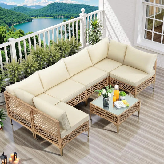 PatioLix 7 Piece Outdoor Wicker Patio Furniture Set, Rattan Sectional Sofa Couch, Patio Conversation Set with Cushion & Coffee Table
