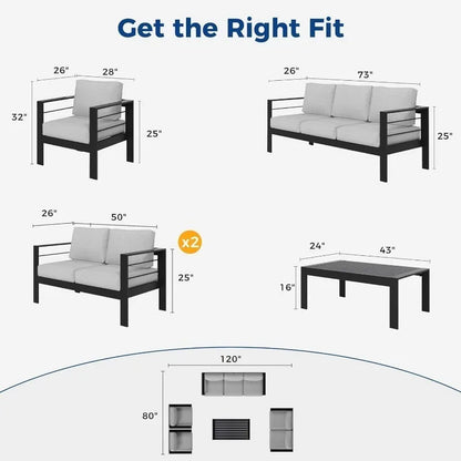Metal Outdoor Sofa Set, 7-Seater Aluminum Patio Furniture with Table & 5" Grey Cushions, for Garden